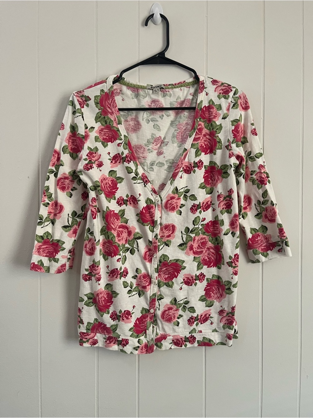 Barbour White Button-Front Top with Pink Rose Print